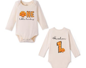 Personalized One Little Turkey Bamboo Baby Bodysuit, First Thanksgiving Outfit, Thanksgiving Birthday Baby Outfit, Fall Baby Gift