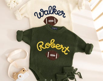 Custom Football Baby Romper, Hand Knitted Game Day Outfit, Personalized Sports Team Romper, Baby Shower Gift, Football Fan Gift