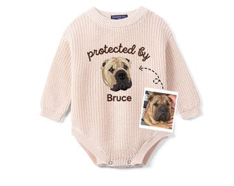 Embroidered Protected By Dog Romper, New Best Friend Onesie, Personalized Dog Name Baby Outfit, Pregnancy Announcement Gift, Baby Shower