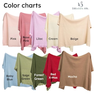 May include: A color chart displays swaddles in various colors, including pink, rose pink, lilac, cream, beige, baby blue, sage green, forest green, red, and mocha. Each swaddle is labeled with its respective color name.