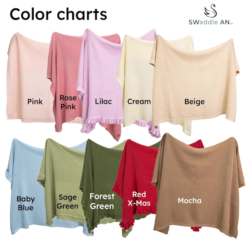 May include: A color chart displays swaddles in various colors, including pink, rose pink, lilac, cream, beige, baby blue, sage green, forest green, red, and mocha. Each swaddle is labeled with its respective color name.