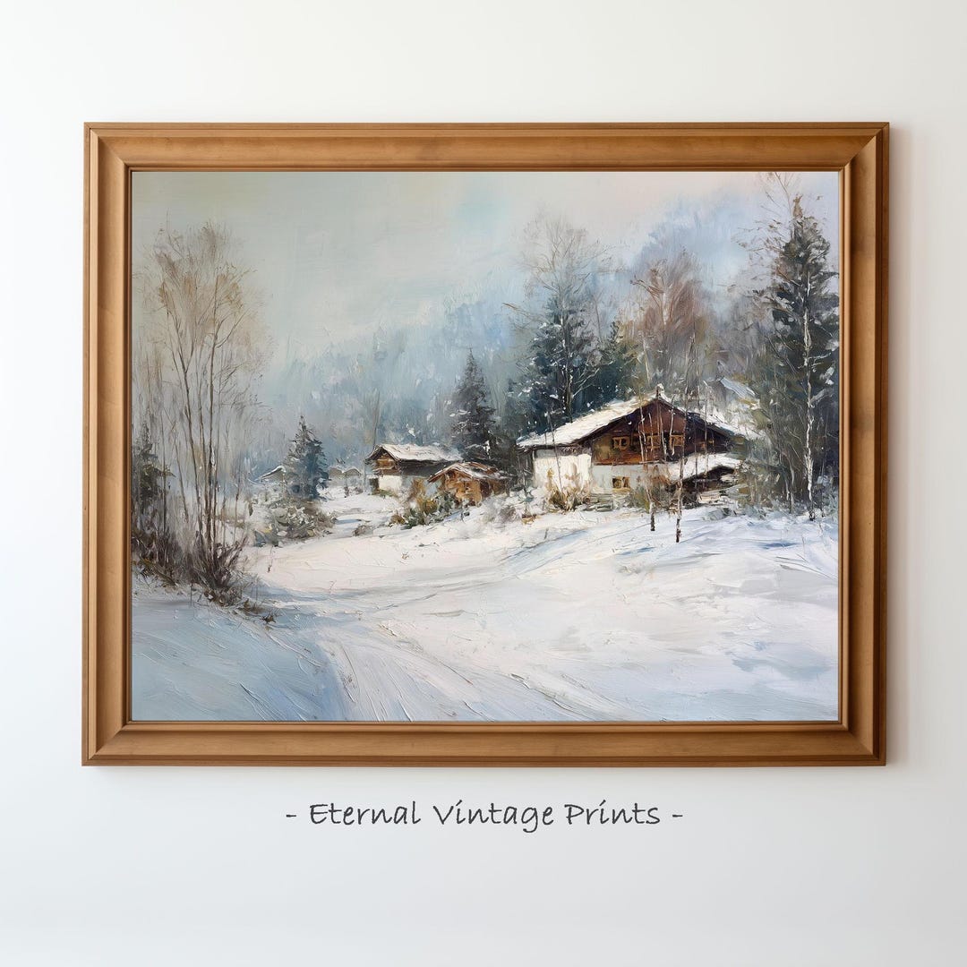 European Mountain Village in Winter Painting | Chalet in Snow Wall Art ...