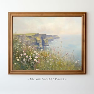 Może przedstawiać: Namalowany obraz przedstawiający malowniczy krajobraz z klifami Moher w Irlandii. Obraz przedstawia klify wznoszące się dramatycznie z morza, z polem dzikich kwiatów na pierwszym planie. Niebo jest jasnoniebieskie z białymi chmurami.