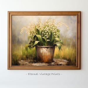 Maiglöckchen Stillleben, Französische Wildblumen Kunstwerk, Antikes Ölgemälde Druck, Digital Download, Bauernhaus Kunst, Vintage Wohnkultur