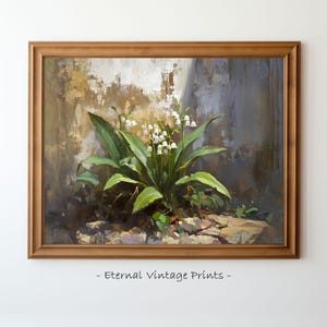 Maiglöckchen Stillleben, antikes französisches Wildblumen Ölgemälde Druck, digitaler Download, Maiblumen Wandkunst, druckbare Wohnkultur