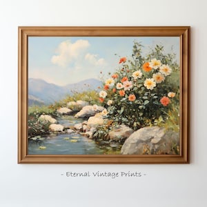 Dahlia Flowers Mountain Stream Wall Art, Digital Download, Printable Floral Home Decor, Old Impressionist Meadow Print, Wildflower Painting
