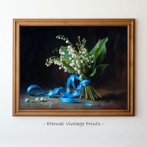 Maiglöckchen Stillleben, romantische französische Wildblumen Kunst, druckbare antike Bauernhaus Ölgemälde, digitaler Download, Blumen Wohnkultur