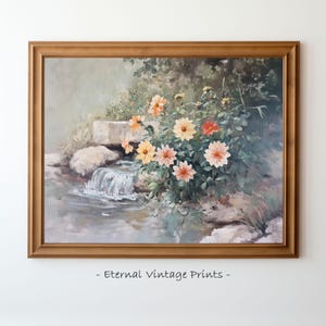 Dahlia Flowers Mountain Stream Painting, Digital Download, Printable Floral Home Décor, Old Impressionist Meadow Print, Wildflower Wall Art