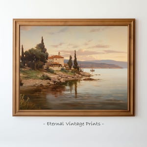 Antique Côte D&#39;azur Painting, French Seaside Wall Art, Vintage Mediterranean Sea Oil Painting, Digital Download, Coastal Artwork Print