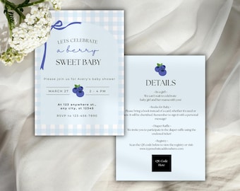 Berry Sweet Baby Shower Invitation Boy | Blue Gingham Digital Invite | Blueberry Theme Baby Boy Shower | Editable Template Download
