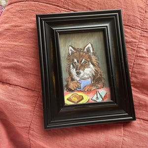 Wolf Dog Drawing - Original Framed Artwork, Not a Print - Coffee Bar - Cottagecore - Animal Art - Wood Style Frame - Kitchen Decor