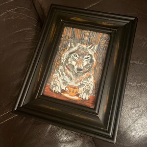 Wolf Dog Drawing - Original Framed Artwork, Not a Print - Coffee Bar - Cottagecore - Animal Art - Wood Style Frame - Kitchen Decor
