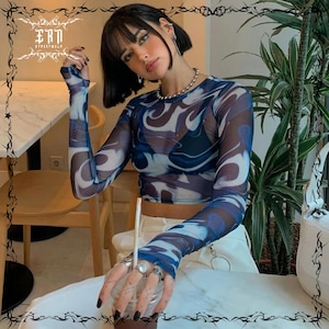 Y2K Sheer Mesh Crop Top Long Sleeve Round Neck Sexy Harajuku Streetwear Shirt for Women