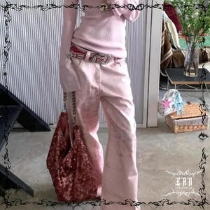 Pink Vintage Leopard Jeans Women Wide Leg Retro Denim Pants Baggy High Waist Animal Print Trousers Gyaru