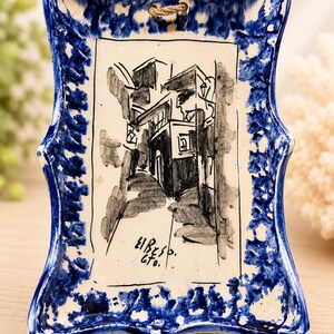 Handcrafted Blue & White Ceramic Wall Plaque Dish | Signed Folk Art Pottery | Rustic Spanish Village Scene | Hanging Decor