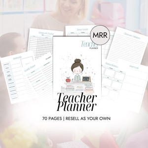 Op de afbeelding: Een lerarenplanner met een cartoonillustratie van een leraar aan een bureau, omringd door verschillende planningspagina's. De omslag leest "Teacher Planner" in elegant schrift, met de tekst "70 pages | Resell as your own" eronder. De pagina's bevatten huiswerktrackers.