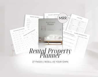 Op de afbeelding: Een verzameling afdrukbare pagina's voor een huurwoningplanner. De pagina's bevatten secties voor huurdergegevens, waarborgsommen, nutsvoorzieningen, bezichtigingsschema, huurvragenlijst, aankomende uitgaven en alarminformatie. De tekst "Rental Property Planner" is prominent weergegeven.
