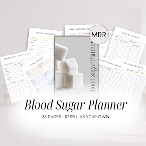 Pode incluir: Um conjunto de páginas imprimíveis para um Planejador de Açúcar no Sangue. A capa apresenta cubos de açúcar. O planejador inclui páginas para histórico médico, contatos de emergência e rastreamento de sinais vitais. O texto diz "Blood Sugar Planner" e "38 pages | Resell as your own."