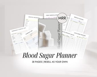 Puede incluir: Un conjunto de páginas imprimibles para un planificador de glucosa en sangre. La portada presenta cubos de azúcar. El planificador incluye páginas para historial médico, contactos de emergencia y seguimiento de signos vitales. El texto dice "Blood Sugar Planner" y "38 pages | Resell as your own."