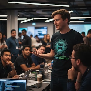 Puede incluir: Un hombre con una camiseta negra con un diseño de placa de circuito verde azulado y el texto "Ollama" habla a un grupo de personas. La camiseta también tiene el texto "LLM ARCHITECT". Las personas están sentadas en mesas con computadoras portátiles y tazas de café.