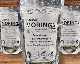 Cápsulas de Morninga Oleifera 800mg, Pó de Moringa, Suplemento de Pó de Moringa, Superalimento Natural, Árvore da Vida, Árvore Milagrosa, Árvore de Baqueta
