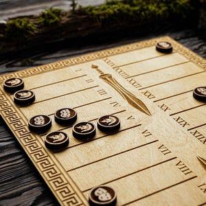 May include: A wooden board game with a light brown finish, featuring Roman numerals and decorative borders. The game includes dark brown game pieces with engraved designs. A sword design is etched into the board.