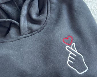 Embroidered Korean Heart Hoodie, Custom Initials, Kpop Fashion