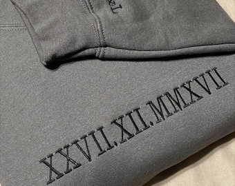 Custom Embroidery Initial Heart sleeve Hoodie, Personalized Valentines Sweatshirt, Embroidered Couples Outfit Roman Hoodie