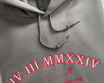 Roman Numeral Embroidered Matching Hoodie, Custom Initials With Heart Sleeve Jumper, Boyfriend Gift, Custom Anniversary Date Couple Hoodies