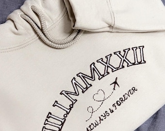 Custom personalised embroidered his & hers couples matching unisex couples hoodies Roman numeral wedding gift / anniversary date hoodie