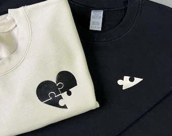 Custom Embroidered Couple Sweatshirt, Embroidered Heart and Puzzle Piece Sweatshirt, Initial With Heart On Sleeve, Anniversary Gift