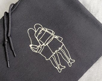 Embroidered Sketch Portrait Hoodies, Custom Outline Drawing Comfy Hoody, Personalised Couples Date On Sleeve Jumpers, Memorial Gifts for him