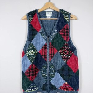 Vintage Susan Bristol Patchwork-Strickweste, handgestrickt, Größe L | Bunte Argyle-Strickweste | 90er-Jahre Cottagecore/Grannycore Strickweste mit Reißverschluss