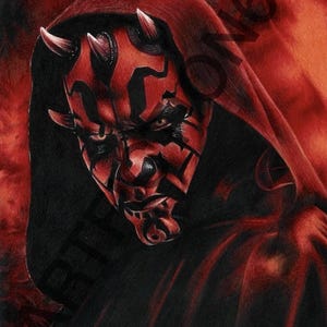 Puede incluir: Dibujo a lápiz detallado de un personaje con rostro rojo y negro, cuernos y una capa con capucha. La obra de arte presenta una estética oscura y ominosa con una combinación de colores rojo y negro. La expresión del personaje es intensa.
