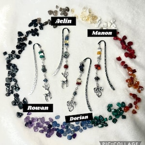 May include: A collection of handmade metal bookmarks with gemstone and charm accents. Each bookmark features a unique design, including a deer, dragon, and decorative metalwork. The names "Aelin", "Manon", "Rowan", and "Dorian" are displayed on the image.