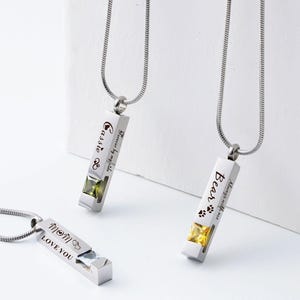 Personalized Birthstone Ashes Necklace, Urn Necklace Memorial, Custom Engraved Bar Necklace, Cremation Jewelry for Human or Pets Ashes