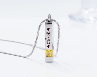Personalized Birthstone Ashes Necklace, Urn Necklace Memorial, Custom Engraved Bar Necklace, Cremation Jewelry for Human or Pets Ashes