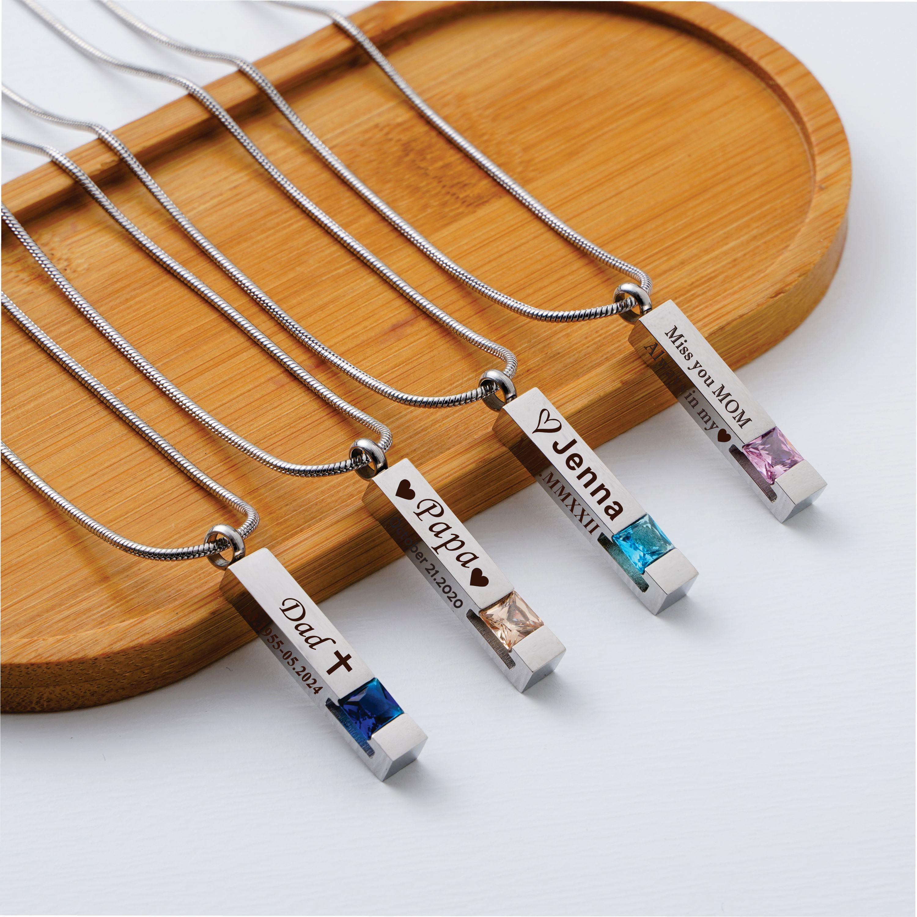 Personalized Birthstone Ashes Necklace, Urn Necklace Memorial, Custom Engraved Bar Necklace, Cremation Jewelry for Human or Pets Ashes