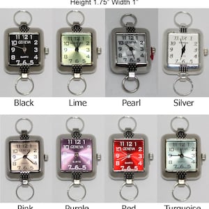 May include: Ten round, square-shaped watches with embossed dots on the bezel. The watches have a two-loop design and come in various colors, including black, lime, pearl, silver, pink, purple, red, and turquoise. Each watch face features the text "11 12 1" and "10 GENEVA 2" with black hands and numbers.