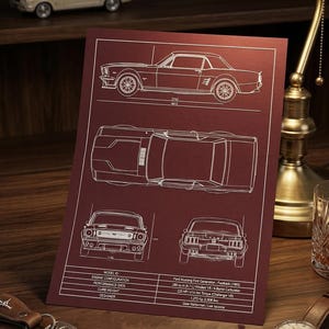 Disegno tecnico di una Ford Mustang del 1965 - Illustrazione di un'auto classica - Regalo per la festa del papà - Decorazione per la stanza dei giochi - Illustrazione realizzata con vero inchiostro e plotter