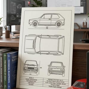 Esquema del VW Golf GTI MK1 - Arte auténtico realizado con plotter - Dibujo físico a tinta real - Plano automotriz - Regalo de ingeniería - Arte técnico
