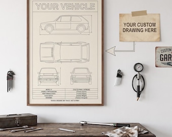 Plan technique personnalisé : voiture, moto, avion, bateau ou carte. Dessin personnalisé au stylo traceur d'ingénierie. Art sur mesure de n'importe quel sujet
