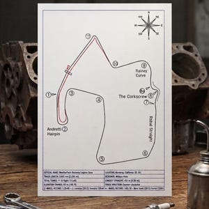 以下が含まれることがあります： 「Andretti Hairpin」や「The Corkscrew」などの名前が記された、黒と赤のレーストラックマップが描かれた白いカード。トラックの長さは3.602km。右上にはコンパスローズがあります。