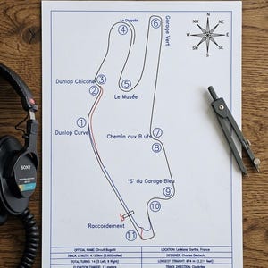 May include: A detailed map of the Circuit Bugotti race track in Le Mans, France, with track details and labels. The map is on a white paper, with a compass rose, a black pen, a compass, and a pair of headphones. The track length is 2.600 miles.