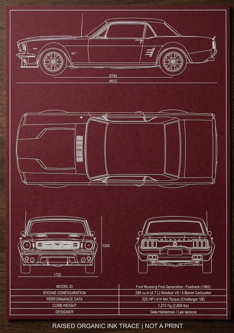 1965 Ford Mustang Blueprint Art - Classic Car Technical Drawing ...