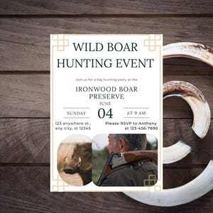 Wild Boar Hunting Invitation Template | Editable Canva Invite | Hunting Event Flyer | Outdoor Sports Printable | Rustic Hunt Party