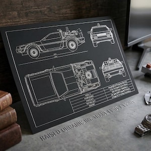 Op de afbeelding: Zwarte print met witte technische tekeningen van een auto, inclusief zij-, boven- en achteraanzichten, met technische gegevens. De tekst "RAISED ORGANIC INK TRACE I NOT A PRINT" is zichtbaar.