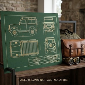 Puede incluir: Una impresión verde con dibujos lineales dorados de un vehículo desde múltiples ángulos. La impresión incluye especificaciones técnicas y el texto "RAISED ORGANIC INK TRACE | NOT A PRINT". También se ve una bolsa de cuero marrón y unos prismáticos.