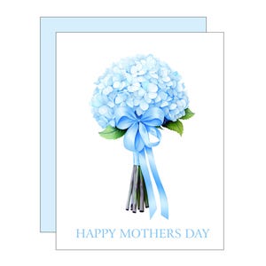 Buquê de hortênsias azuis com laço, cartão de feliz dia das mães, cartão de aquarela, dia das mães, cartão para mamãe, cartão doce e bonito, cartão com poema