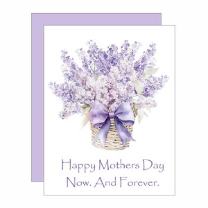 Cesta Lilás Feliz Dia das Mães Agora e para Sempre, Cartão em Aquarela, Dia das Mães, Cartão para Mamãe, Envelope Autoadesivo Lilás, Laço Lavanda